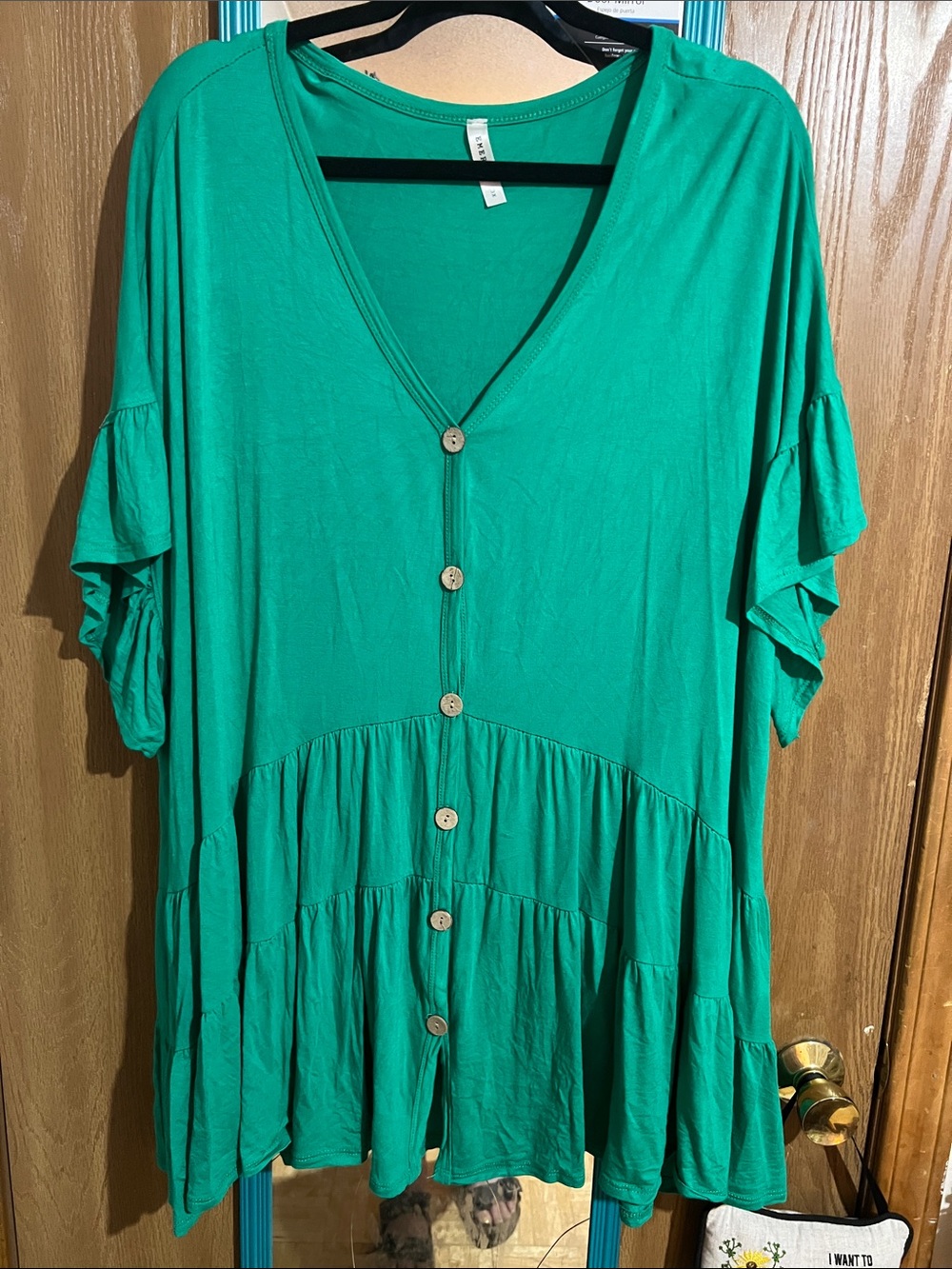 Emerald Green Button-Front Ruffle Sleeve Tunic